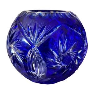 Bohemian Czech Lead Crystal Bowl etched Cobalt blue 5" mint Vintage